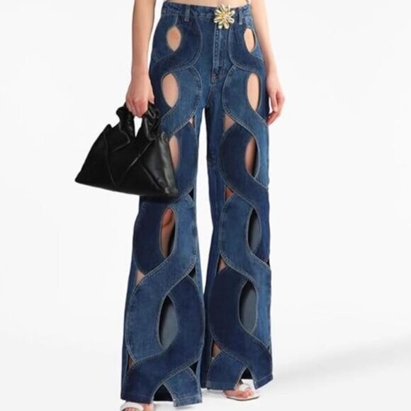 Hollow Out Cable Twist Heart Contrast Cutout Flare Jeans Pants - Picture 3 of 8